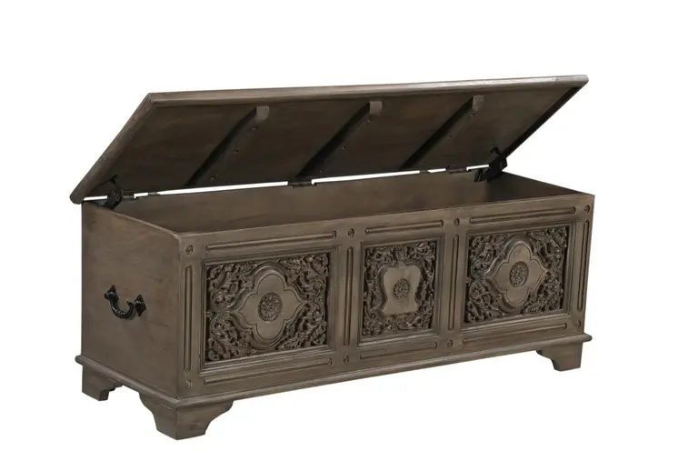54" Brown Carved Floral Solid Wood Storage Ottoman