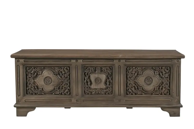 54" Brown Carved Floral Solid Wood Storage Ottoman