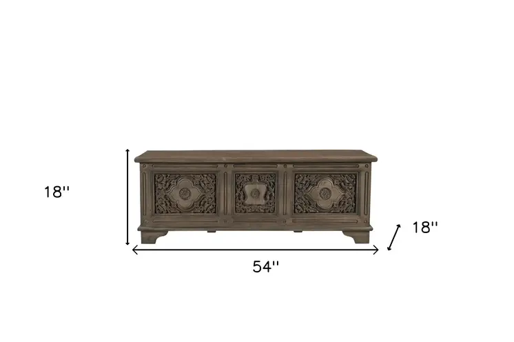 54" Brown Carved Floral Solid Wood Storage Ottoman