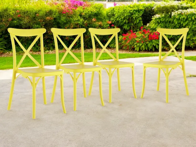 Set of Four Yellow Heavy Duty Plastic Cross Back Dining Side Chairs