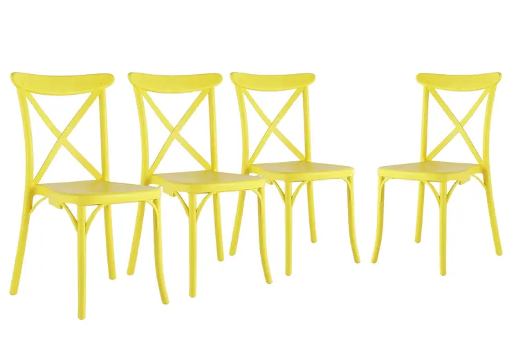 Set of Four Yellow Heavy Duty Plastic Cross Back Dining Side Chairs
