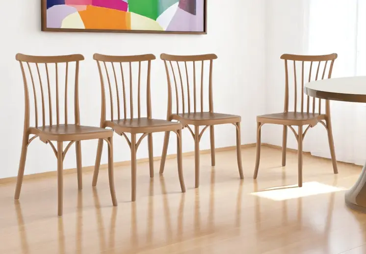 Set of Four Tan Heavy Duty Plastic Slat Back Dining Side Chairs