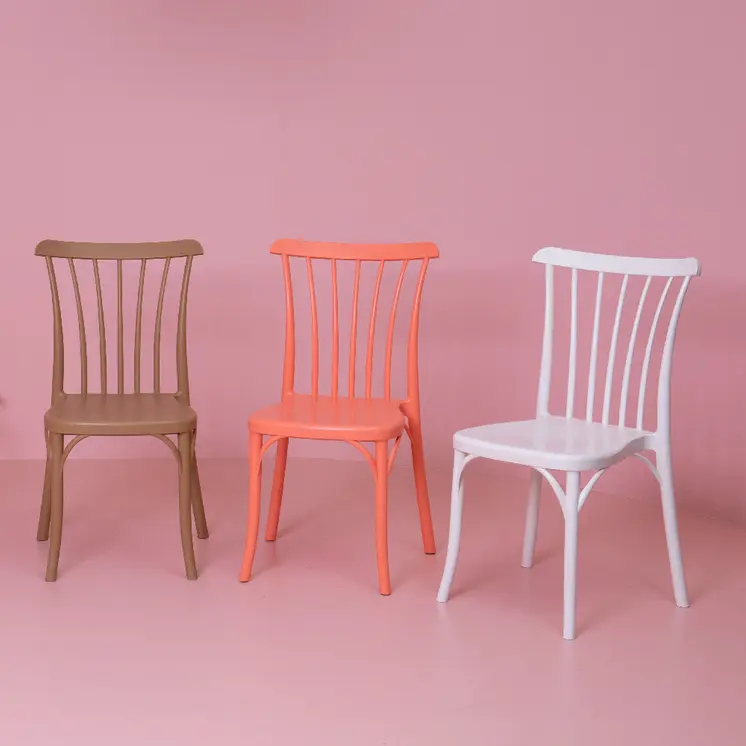 Set of Four Tan Heavy Duty Plastic Slat Back Dining Side Chairs
