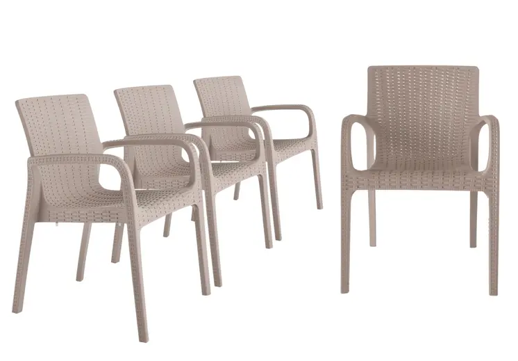 Set of Four 24" Taupe Faux Rattan Heavy Duty Plastic Outdoor Stacking Arm Chairs