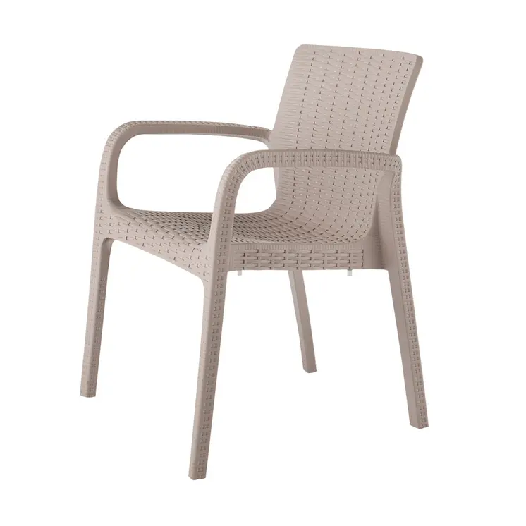 Set of Four 24" Taupe Faux Rattan Heavy Duty Plastic Outdoor Stacking Arm Chairs