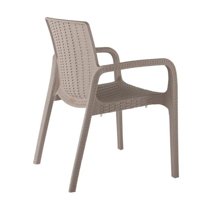 Set of Four 24" Taupe Faux Rattan Heavy Duty Plastic Outdoor Stacking Arm Chairs