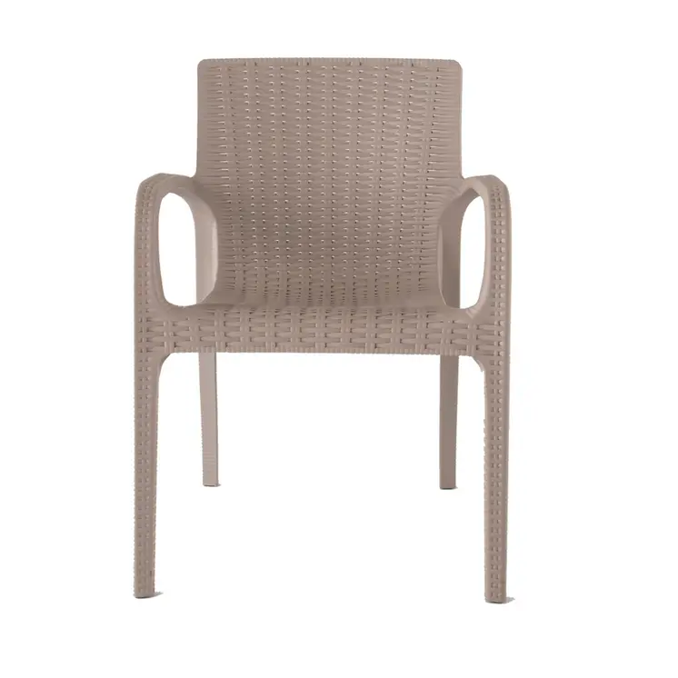 Set of Four 24" Taupe Faux Rattan Heavy Duty Plastic Outdoor Stacking Arm Chairs