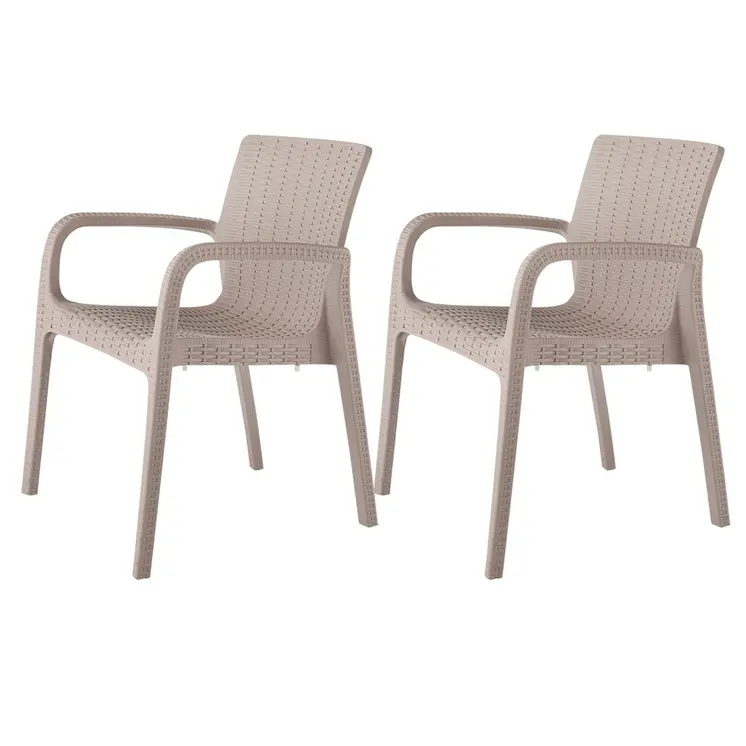 Set of Four 24" Taupe Faux Rattan Heavy Duty Plastic Outdoor Stacking Arm Chairs