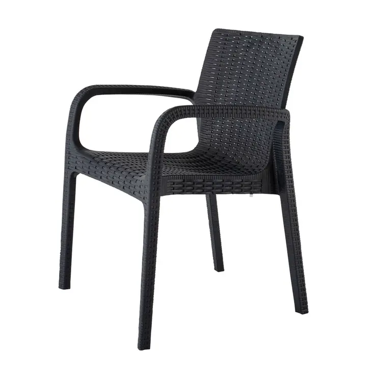 Set of Four 24" Black Faux Rattan Heavy Duty Plastic Outdoor Stacking Arm Chairs