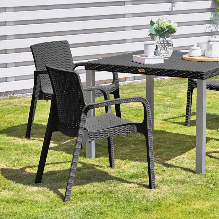 Set of Four 24" Black Faux Rattan Heavy Duty Plastic Outdoor Stacking Arm Chairs
