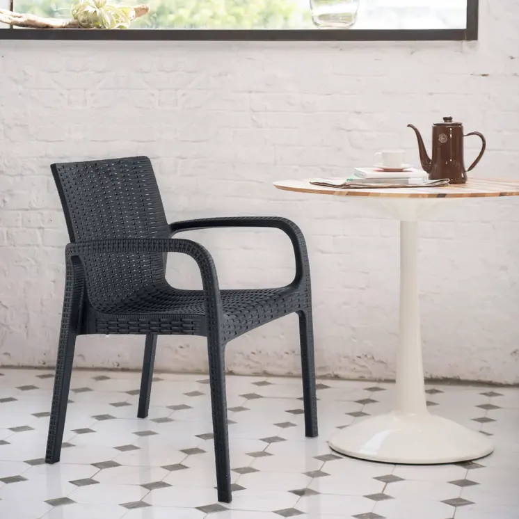 Set of Four 24" Black Faux Rattan Heavy Duty Plastic Outdoor Stacking Arm Chairs