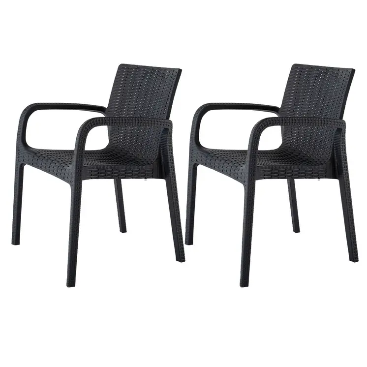 Set of Four 24" Black Faux Rattan Heavy Duty Plastic Outdoor Stacking Arm Chairs