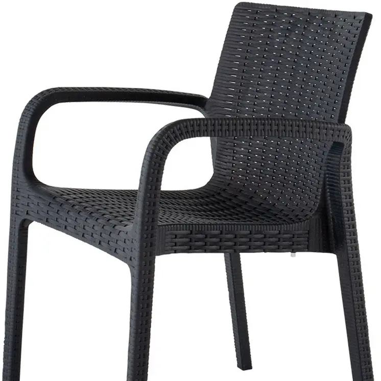 Set of Four 24" Black Faux Rattan Heavy Duty Plastic Outdoor Stacking Arm Chairs