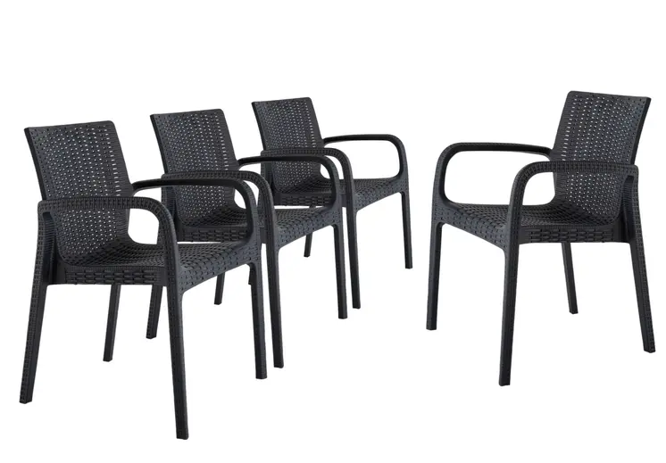 Set of Four 24" Black Faux Rattan Heavy Duty Plastic Outdoor Stacking Arm Chairs