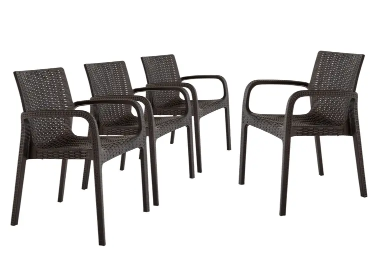 Set of Four 24" Brown Faux Rattan Heavy Duty Plastic Outdoor Stacking Arm Chairs