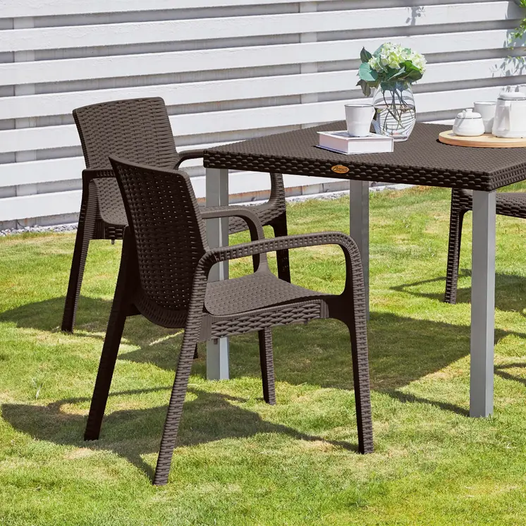 Set of Four 24" Brown Faux Rattan Heavy Duty Plastic Outdoor Stacking Arm Chairs