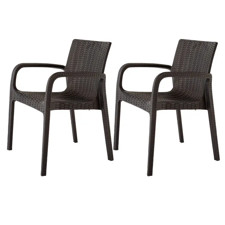 Set of Four 24" Brown Faux Rattan Heavy Duty Plastic Outdoor Stacking Arm Chairs
