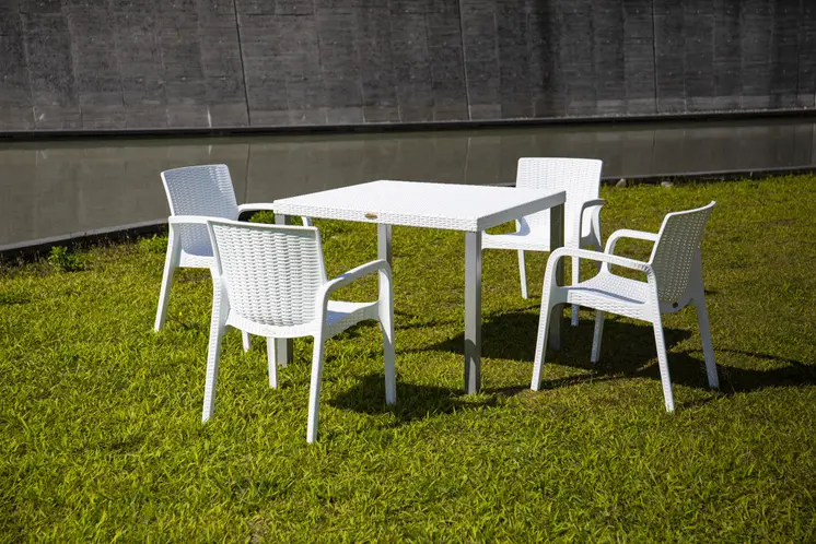 Set of Four 24" White Faux Rattan Heavy Duty Plastic Outdoor Stacking Arm Chairs