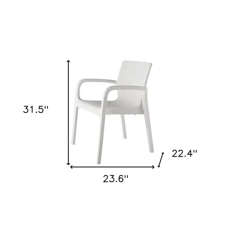 Set of Four 24" White Faux Rattan Heavy Duty Plastic Outdoor Stacking Arm Chairs