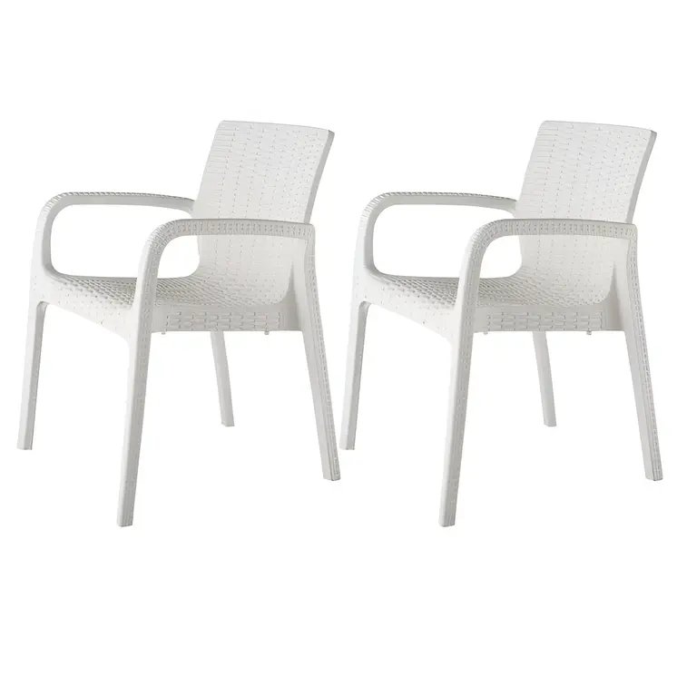 Set of Four 24" White Faux Rattan Heavy Duty Plastic Outdoor Stacking Arm Chairs