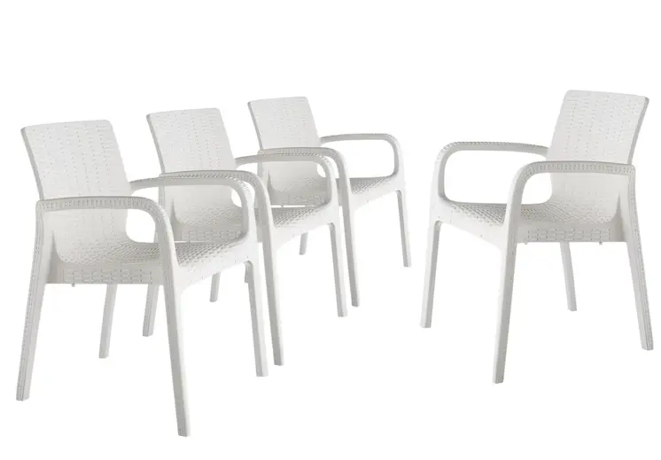 Set of Four 24" White Faux Rattan Heavy Duty Plastic Outdoor Stacking Arm Chairs