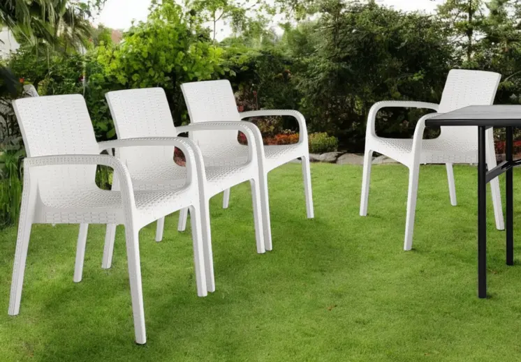 Set of Four 24" White Faux Rattan Heavy Duty Plastic Outdoor Stacking Arm Chairs