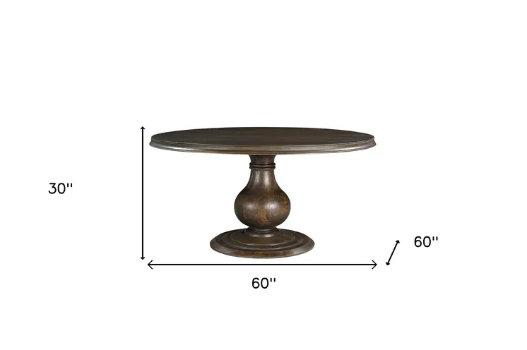 60" Brown Solid Wood Pedestal Base Round Top Dining Table