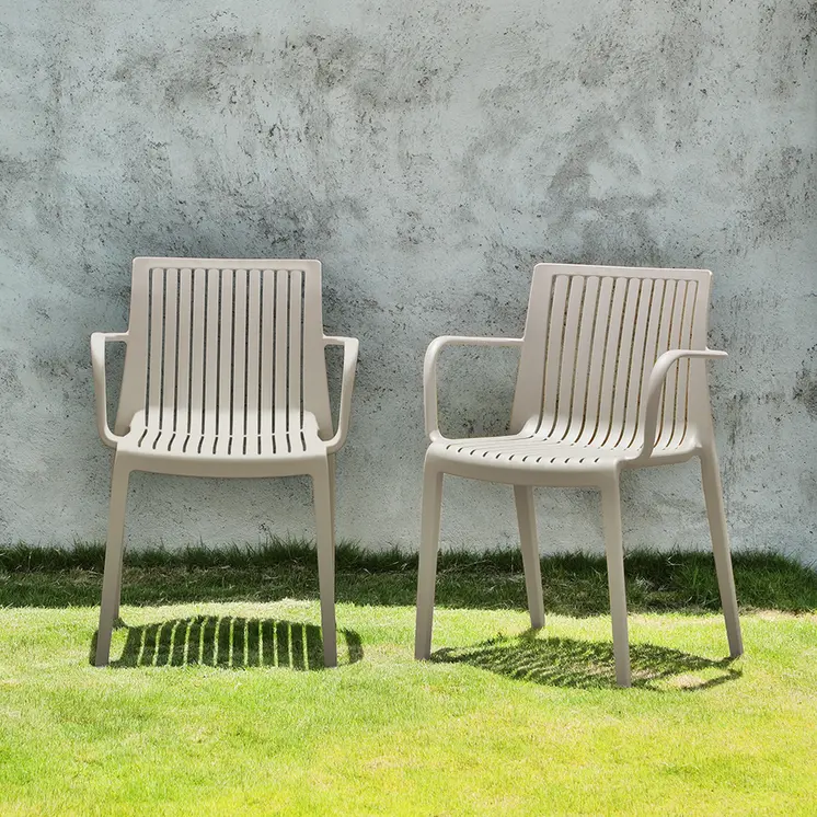 Set of Four 22" Taupe Heavy Duty Plastic Outdoor Stacking Arm Chairs