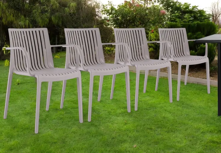 Set of Four 22" Taupe Heavy Duty Plastic Outdoor Stacking Arm Chairs