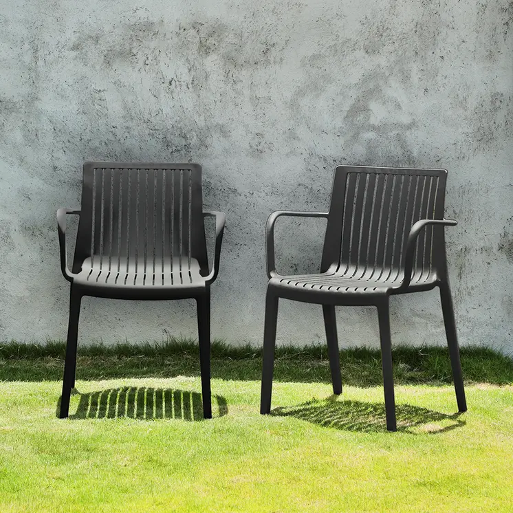 Set of Four 22" Black Heavy Duty Plastic Outdoor Stacking Arm Chairs