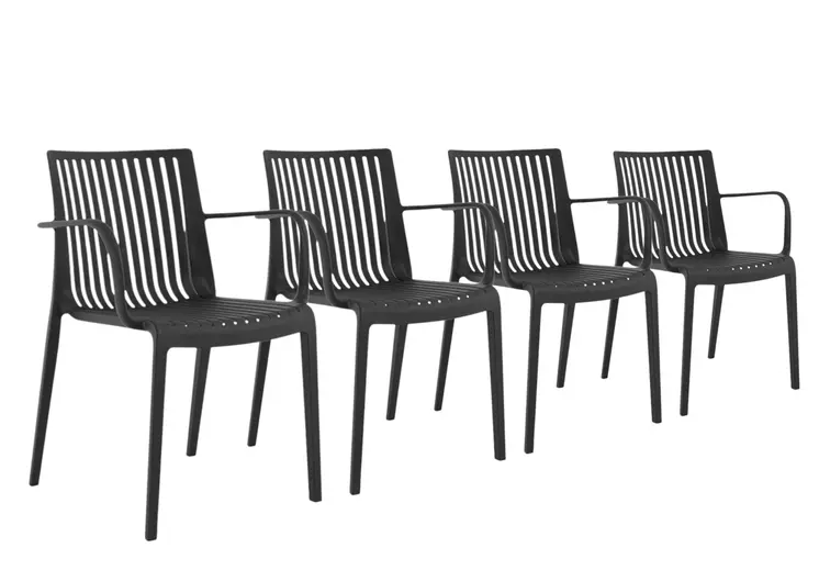 Set of Four 22" Black Heavy Duty Plastic Outdoor Stacking Arm Chairs