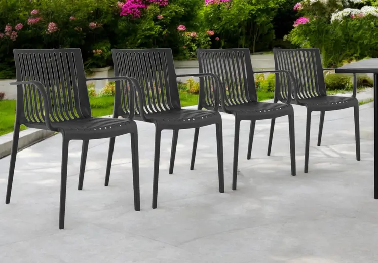 Set of Four 22" Black Heavy Duty Plastic Outdoor Stacking Arm Chairs