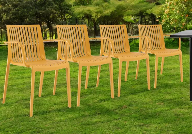 Set of Four 22" Yellow Heavy Duty Plastic Outdoor Stacking Arm Chairs