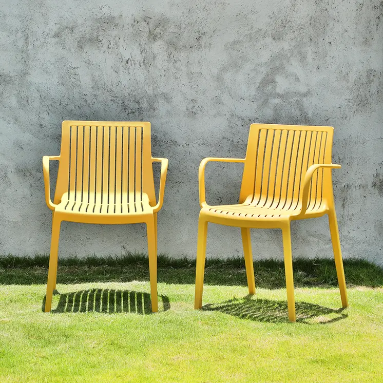 Set of Four 22" Yellow Heavy Duty Plastic Outdoor Stacking Arm Chairs