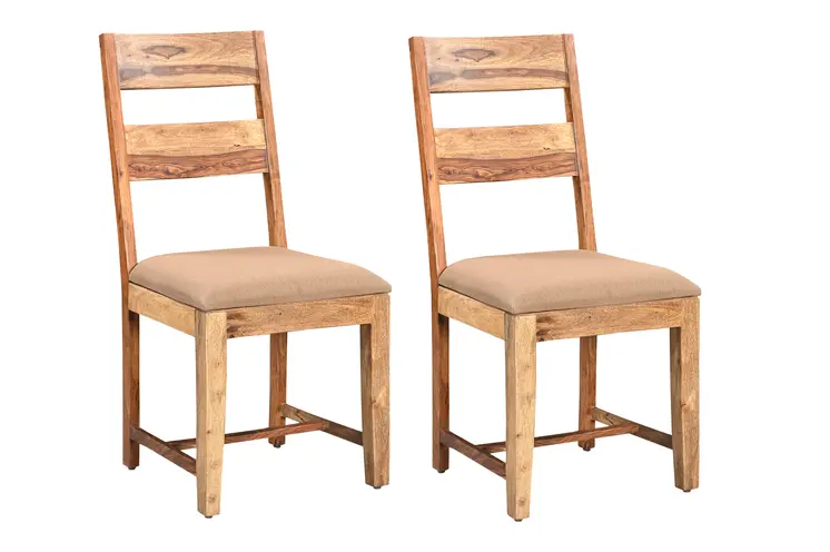 Set of Two Brown Fabric And Wood Ladder Back Dining Side Chairs