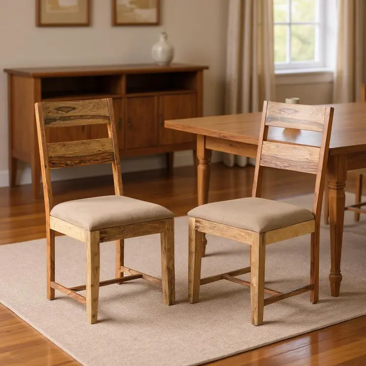 Set of Two Brown Fabric And Wood Ladder Back Dining Side Chairs