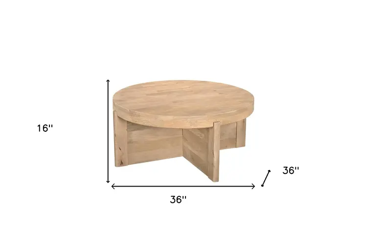 36" Natural Solid Wood Round Cross Legs Coffee Table