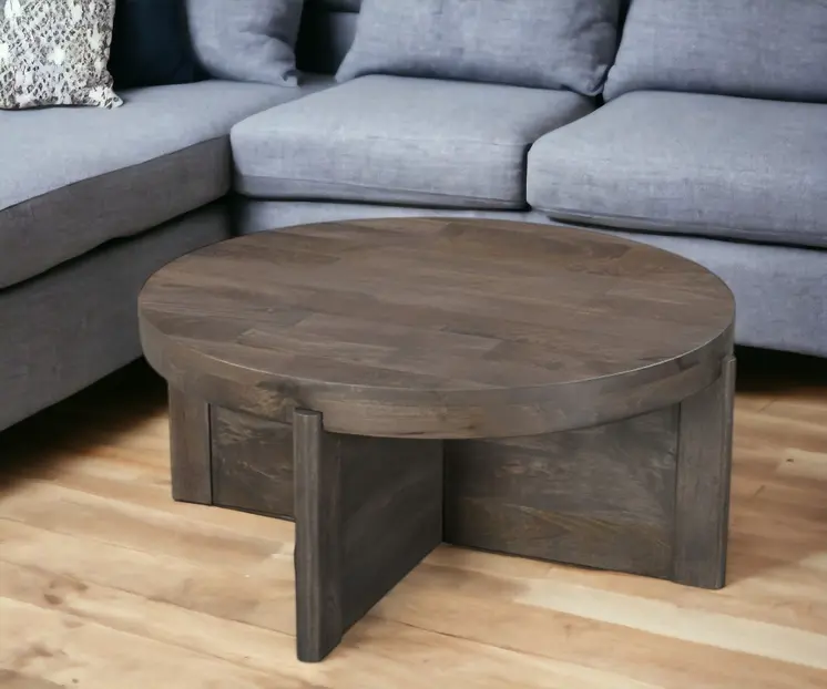 36" Brown Solid Wood Round Cross Legs Coffee Table