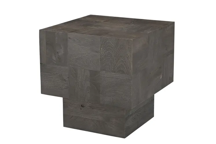 22" Gray Distressed Solid Wood Square Block End Table