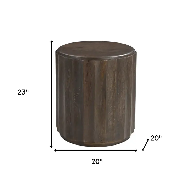 23" Brown Distressed Solid Wood Round Scalloped Drum End Table