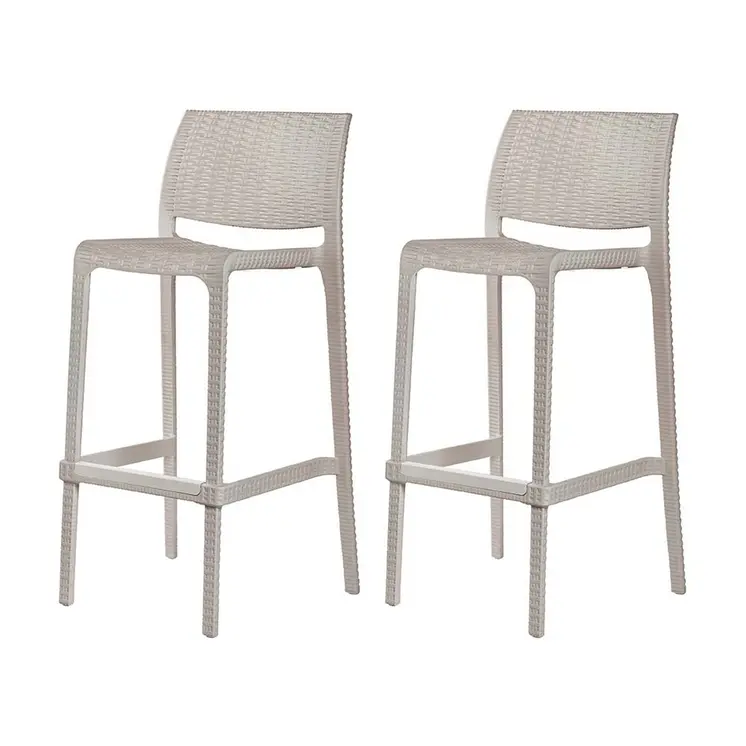 Set of Four 30" Taupe Faux Rattan Heavy Duty Plastic Outdoor Bar Height Chairs