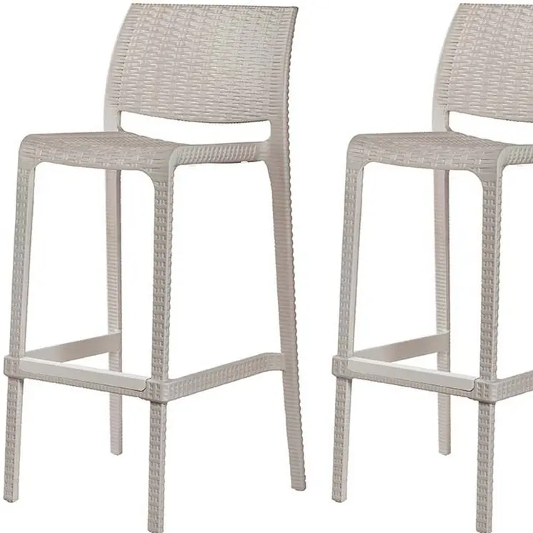 Set of Four 30" Taupe Faux Rattan Heavy Duty Plastic Outdoor Bar Height Chairs