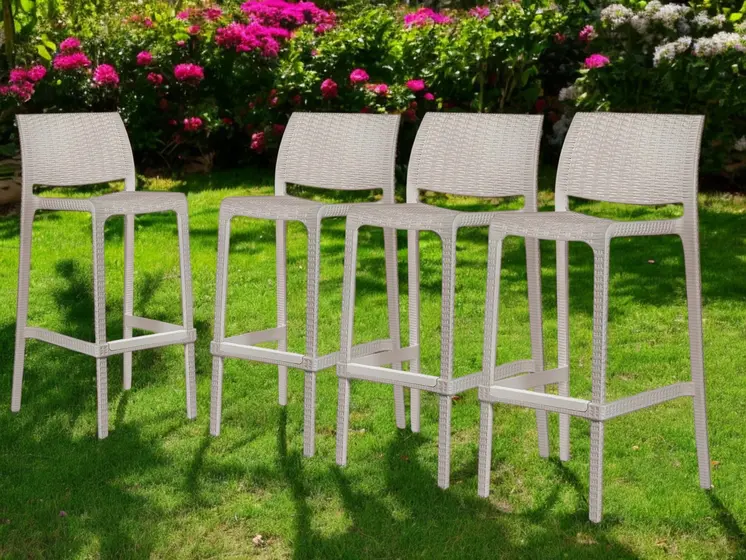 Set of Four 30" Taupe Faux Rattan Heavy Duty Plastic Outdoor Bar Height Chairs