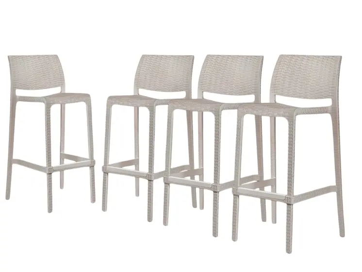 Set of Four 30" Taupe Faux Rattan Heavy Duty Plastic Outdoor Bar Height Chairs