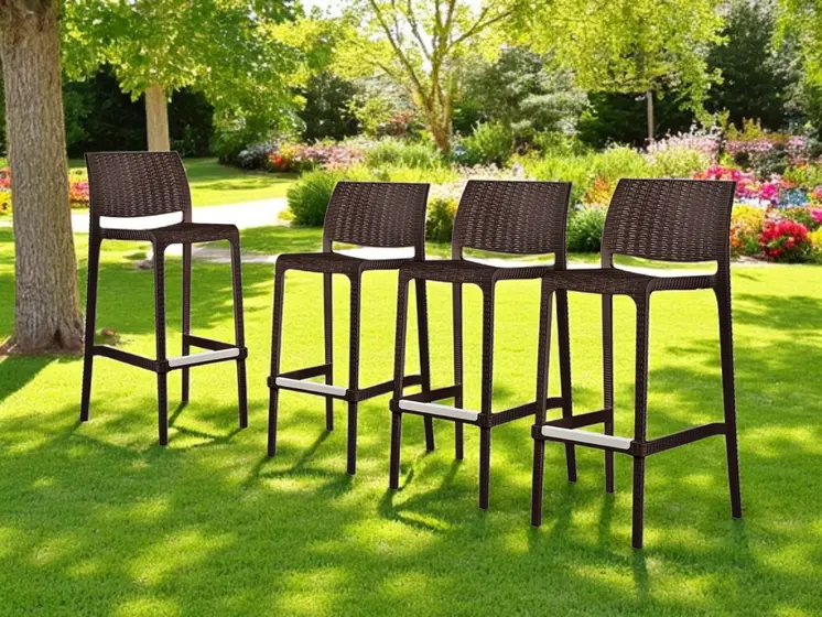 Set of Four 30" Brown Faux Rattan Heavy Duty Plastic Low Back Outdoor Bar Height Chairs
