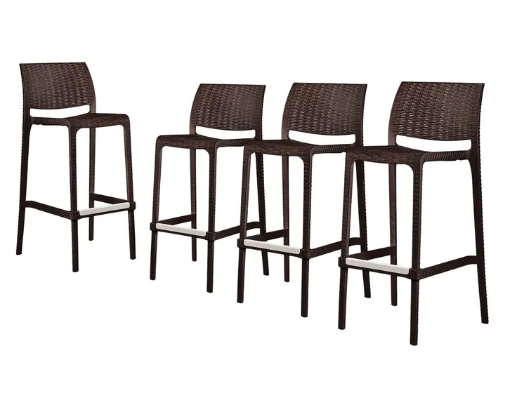 Set of Four 30" Brown Faux Rattan Heavy Duty Plastic Low Back Outdoor Bar Height Chairs