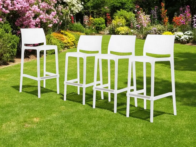 Set of Four 30" White Faux Rattan Heavy Duty Plastic Low Back Outdoor Bar Height Chairs