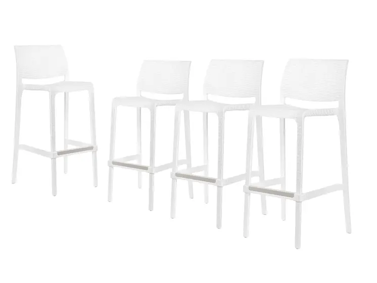Set of Four 30" White Faux Rattan Heavy Duty Plastic Low Back Outdoor Bar Height Chairs