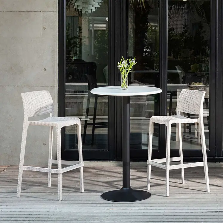 Set of Four 30" White Faux Rattan Heavy Duty Plastic Low Back Outdoor Bar Height Chairs