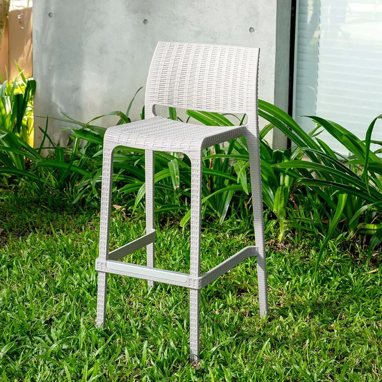 Set of Four 30" White Faux Rattan Heavy Duty Plastic Low Back Outdoor Bar Height Chairs
